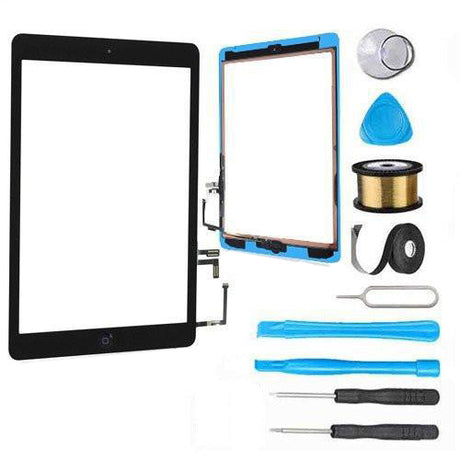 iPad 5 (5th Gen) 2017 Glass Screen Replacement + Touch Digitizer Premium Repair Kit  A1822 /  A1823 with Home Button and Tape - Black
