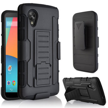 Black Rugged Armor Protective Hard Case Cover+Stand - Nexus 5