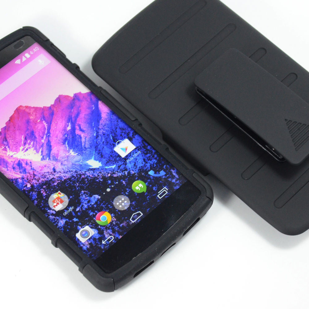 Black Rugged Armor Protective Hard Case Cover+Stand - Nexus 5